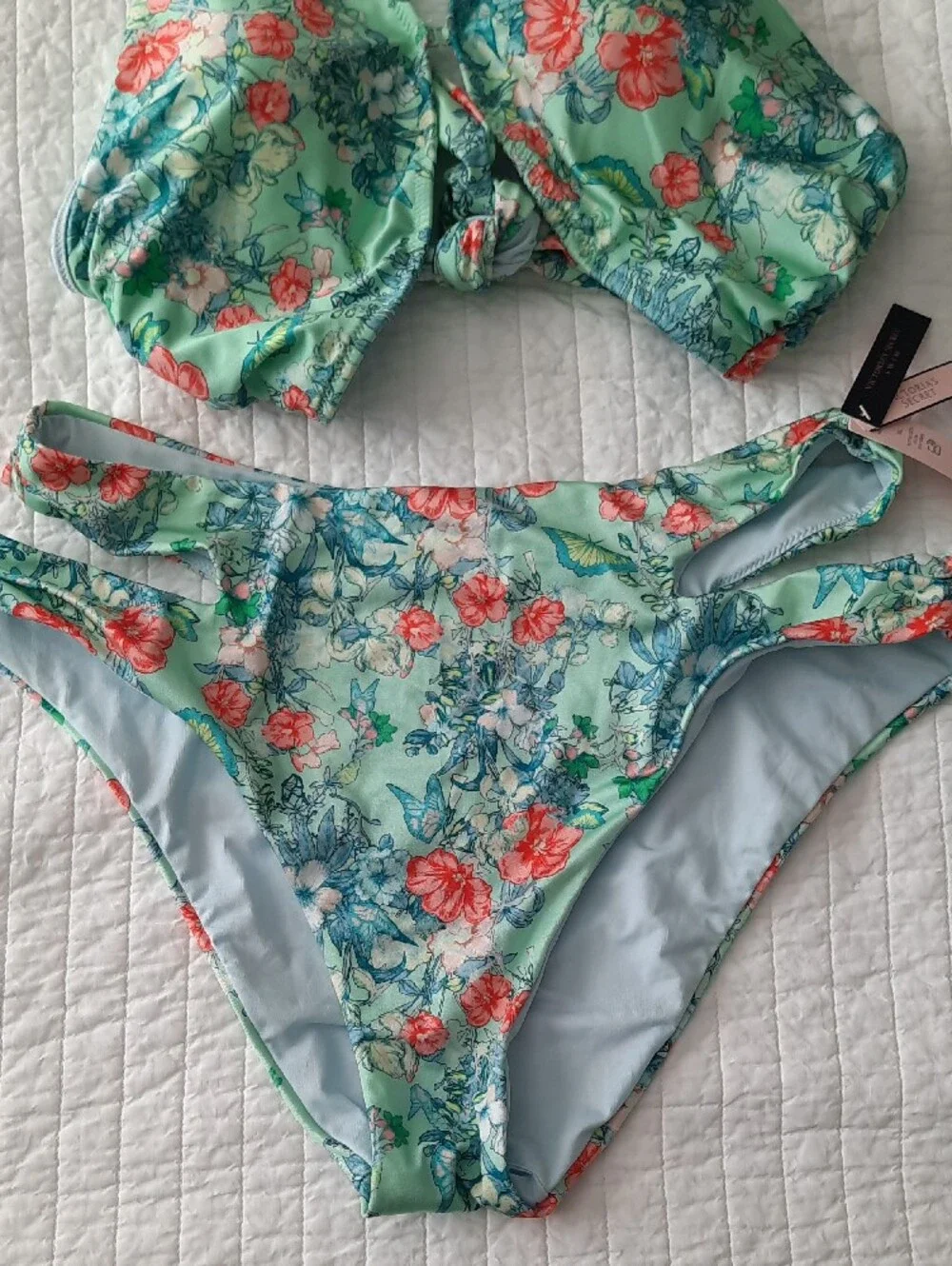 Victoria's Secret Mint Floral Bikini with Coral and Blue Accents